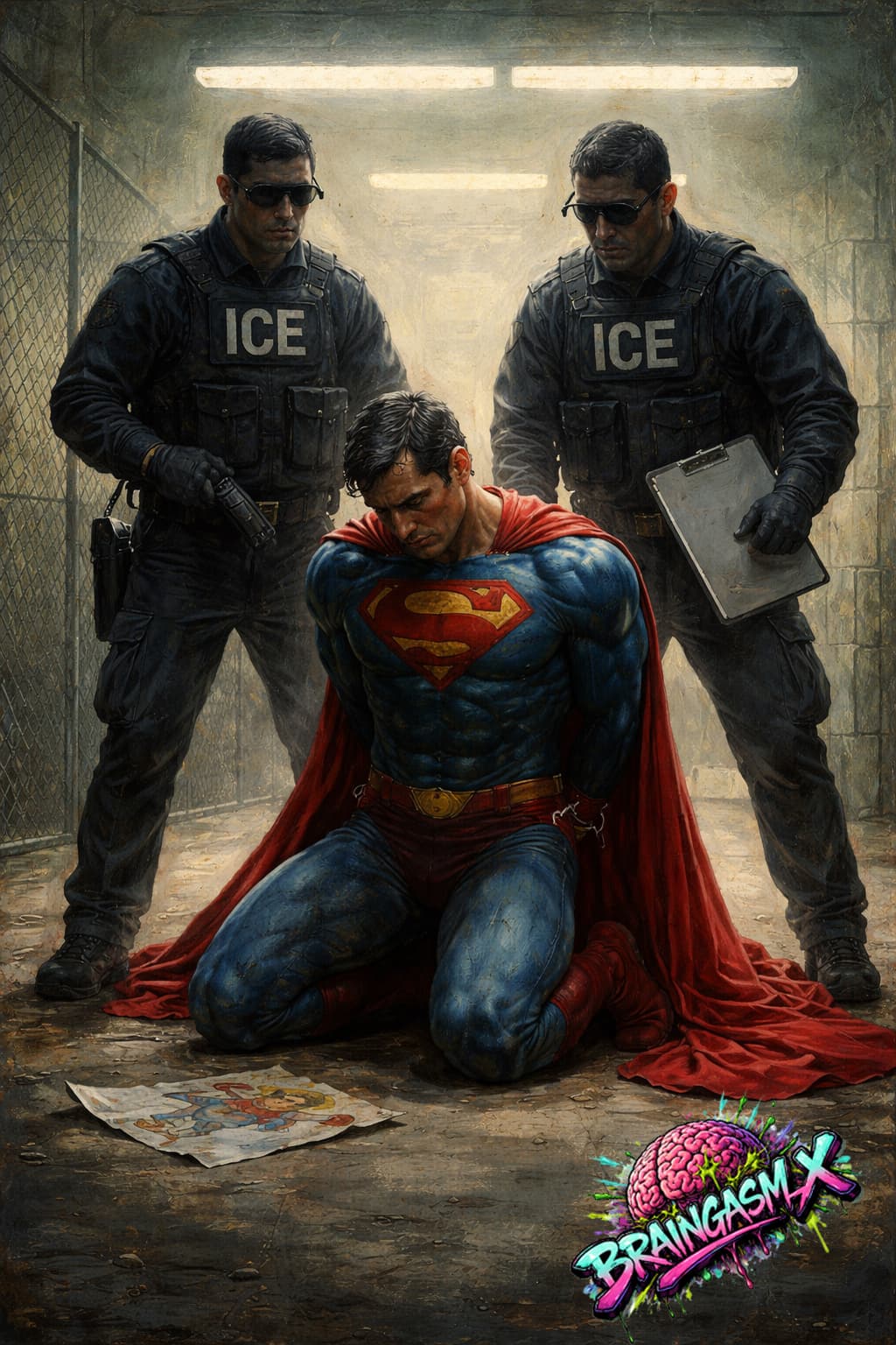 The Man in Steel The Man in Steel — Superman on his knees in the custody of federal agents