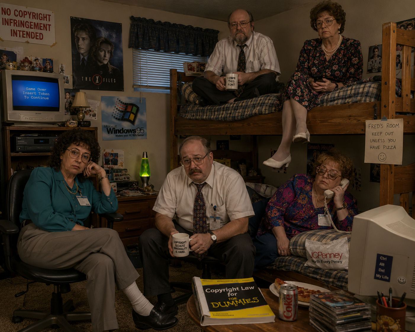 Several displaced Copyright Office employees crammed into Fred's mother's living room, sitting on a floral couch, a recliner, and a folding card-table chair, surrounded by porcelain figurines, doilies, and a thirty-year-old box-television.