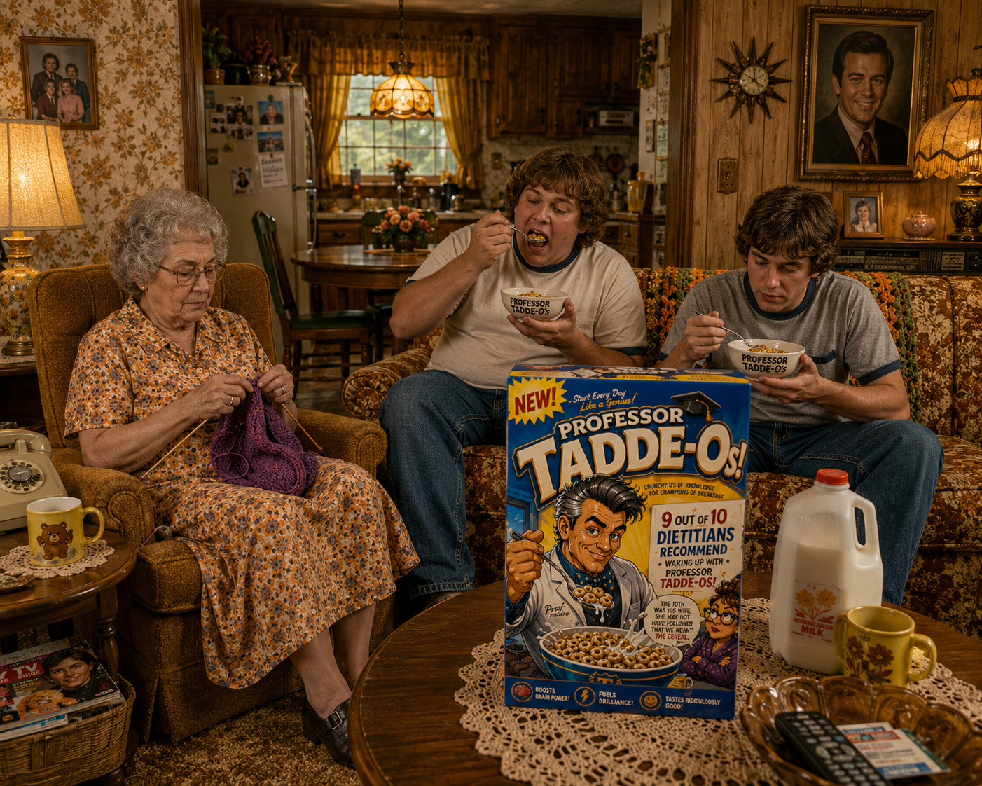 Three glum Copyright Office employees in business attire eating cereal out of mismatched bowls at Fred's mother's kitchen table, with a box of generic cereal between them, fluorescent overhead lighting, and a wall clock reading 5:58 p.m.