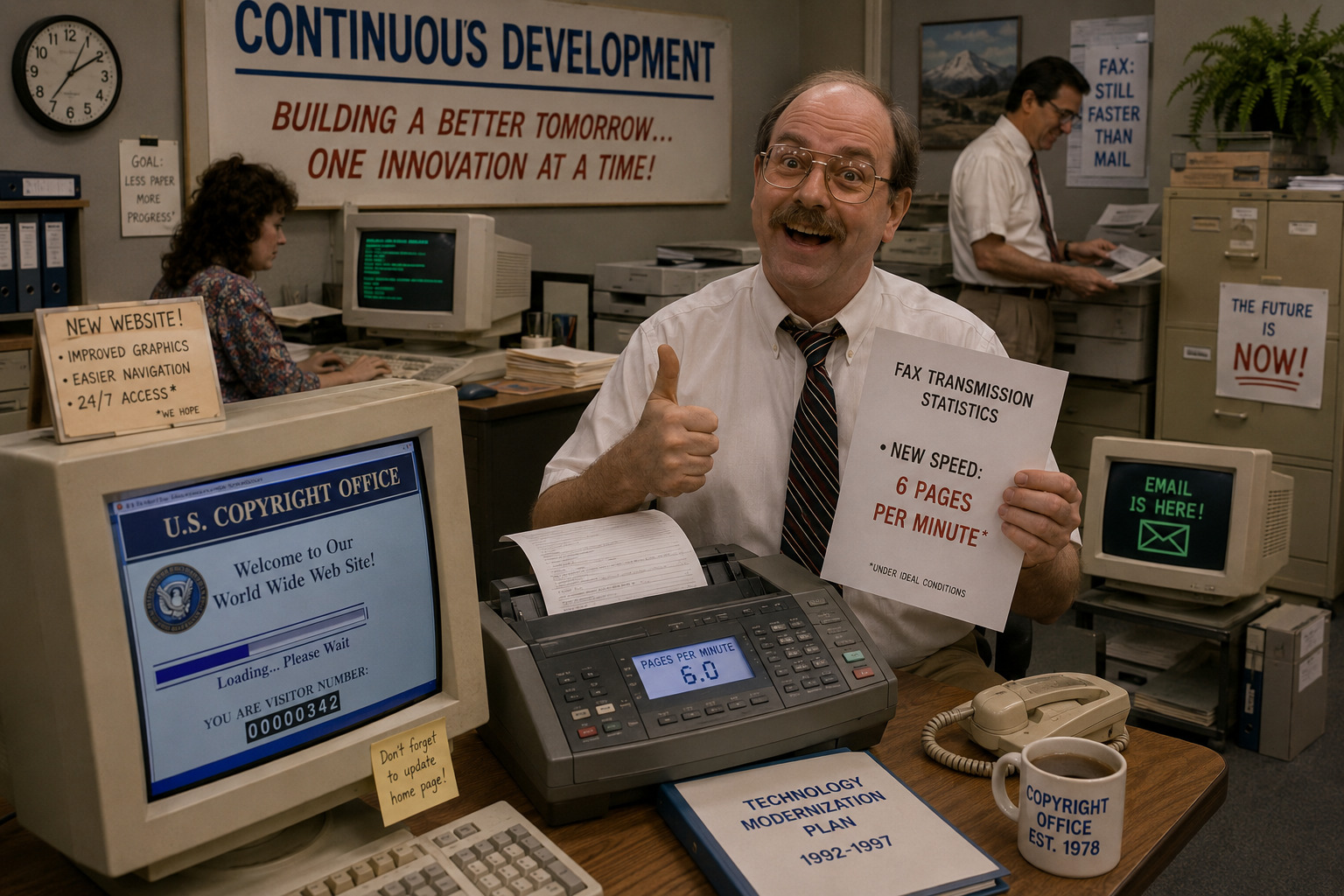 A Copyright Office senior administrator hunched over a beige CRT monitor demonstrating how to attach a PDF to an email, with a 'YOU'VE GOT MAIL'-era client open on screen and visibly frustrated coworkers watching from a doorway.
