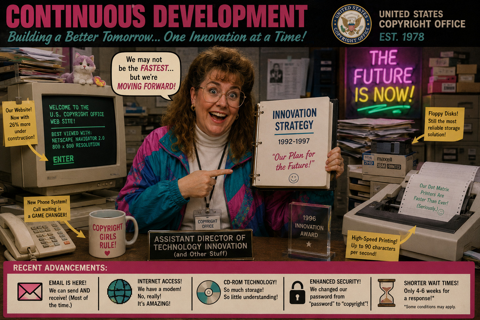 A Copyright Office employee points at a homepage visitor counter on a chunky CRT, displaying '3 VISITORS,' as two colleagues react with awe. The under-construction GIF and 'BEST VIEWED IN NETSCAPE NAVIGATOR' badge are visible on screen.