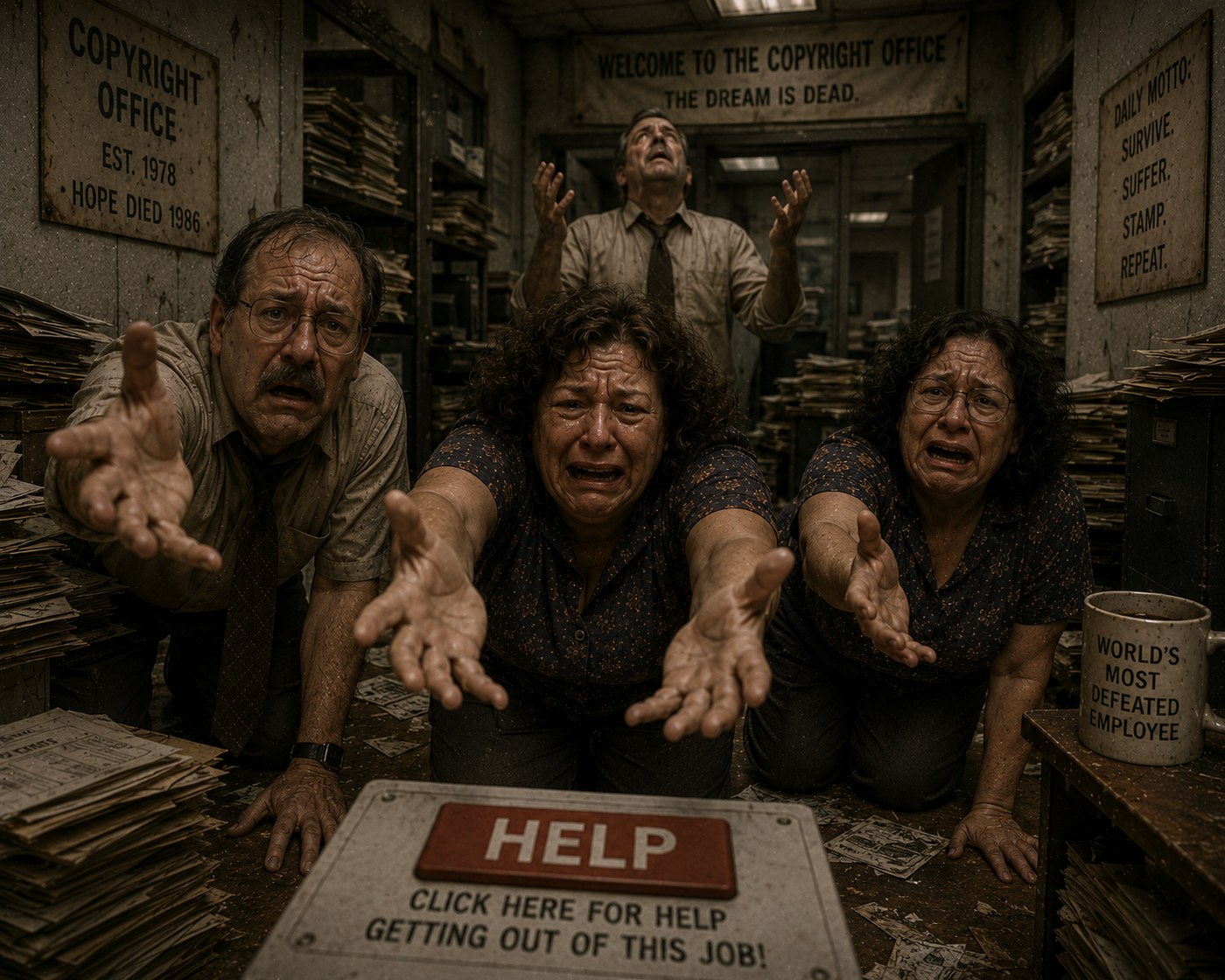 Copyright Office staff reaching out in despair from behind a 'HELP — CLICK HERE FOR HELP GETTING OUT OF THIS JOB!' sign, surrounded by stacks of paperwork.