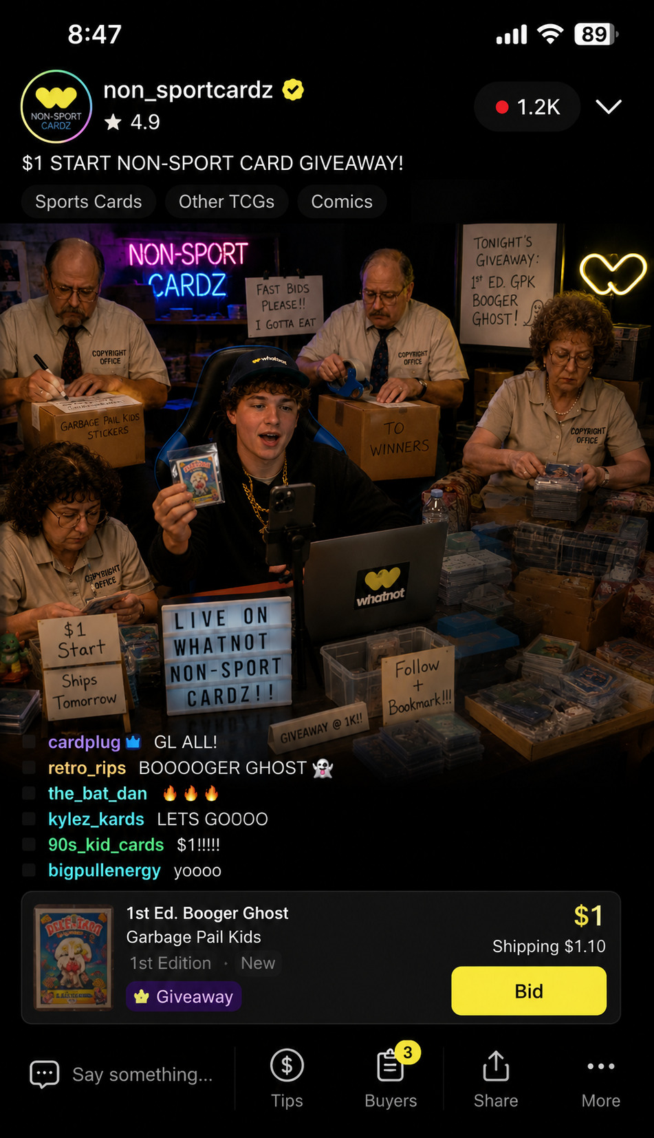 Vertical phone-style screenshot of a Copyright Office employee broadcasting live on the Whatnot resale app from his desk, holding up assorted office bric-a-brac for bids. Overlay text shows viewer count, bidding chat, and the channel name.
