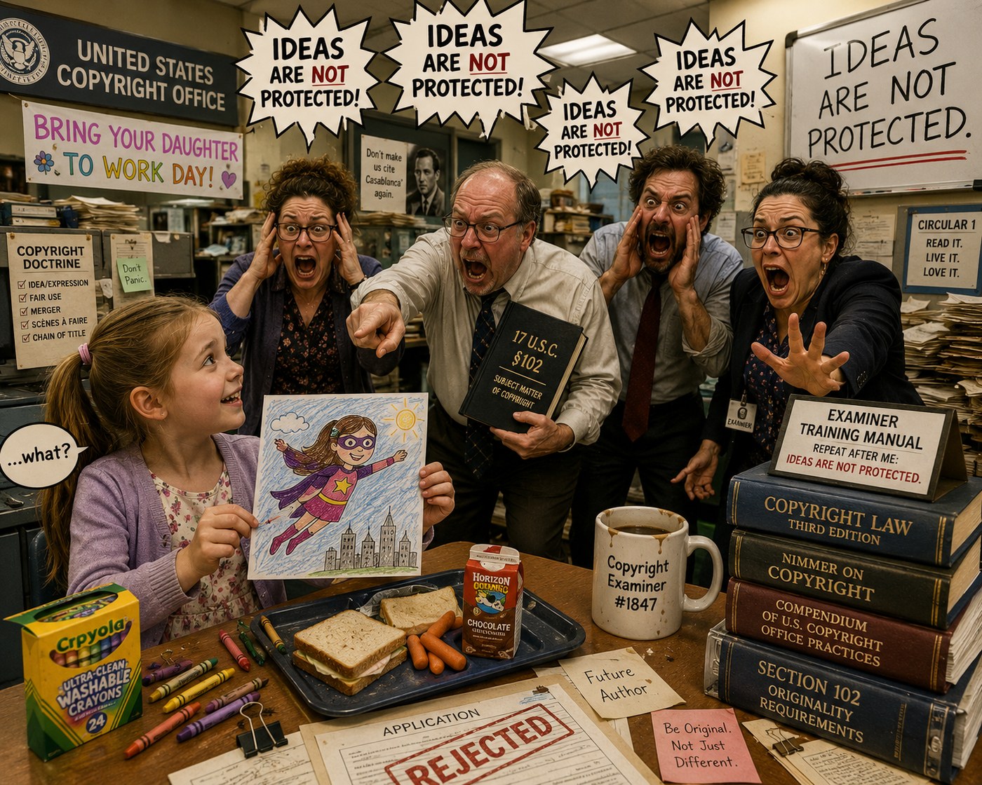 Nine-year-old Emily Harper holds up a crayon drawing of a flying superhero while five Copyright Office examiners around her simultaneously scream 'IDEAS ARE NOT PROTECTED!' in speech bubbles. Background signs read 'BRING YOUR DAUGHTER TO WORK DAY!', 'COPYRIGHT DOCTRINE' checklist, 'EXAMINER TRAINING MANUAL — REPEAT AFTER ME: IDEAS ARE NOT PROTECTED.', and a large 'IDEAS ARE NOT PROTECTED.' poster on the wall. A 'Future Author' note, a 'Be Original, Not Just Different.' sticky, and a 'Copyright Examiner #1847' coffee mug sit on the desk.