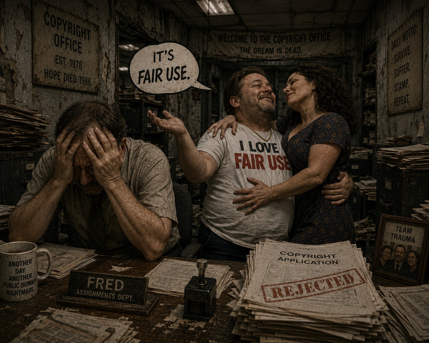 Inside the Copyright Assignments Department: Fred sits at his desk with his head in his hands while neighbor Carl — wearing an 'I LOVE FAIR USE' t-shirt — embraces Fred's wife, a speech bubble above Carl reading 'IT'S FAIR USE.' A 'REJECTED' stamp sits on a stack of copyright applications nearby; a coffee mug reads 'ANOTHER DAY, ANOTHER PUBLIC DOMAIN NIGHTMARE.'