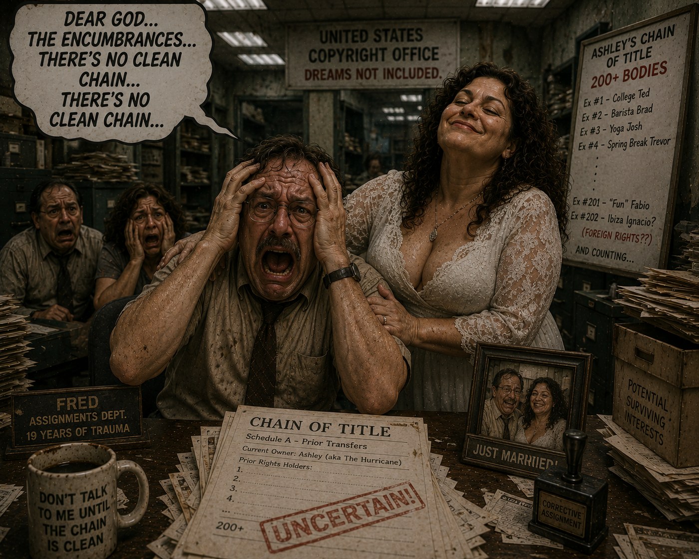 William P. screams at his desk, gripping his head, with a thought bubble reading 'DEAR GOD… THE ENCUMBRANCES… THERE'S NO CLEAN CHAIN… THERE'S NO CLEAN CHAIN…'. Beside him, his new wife Ashley smiles serenely in a wedding dress. On the wall behind them: a chart titled 'ASHLEY'S CHAIN OF TITLE — 200+ BODIES' listing exes including College Ted, Barista Brad, Yoga Josh, Spring Break Trevor, 'Fun' Fabio, and Ibiza Ignacio (FOREIGN RIGHTS??). A 'CHAIN OF TITLE — Prior Transfers' Schedule A sits on the desk stamped 'UNCERTAIN!' next to a 'JUST MARRIED' photo. A coffee mug reads 'DON'T TALK TO ME UNTIL THE CHAIN IS CLEAN.'