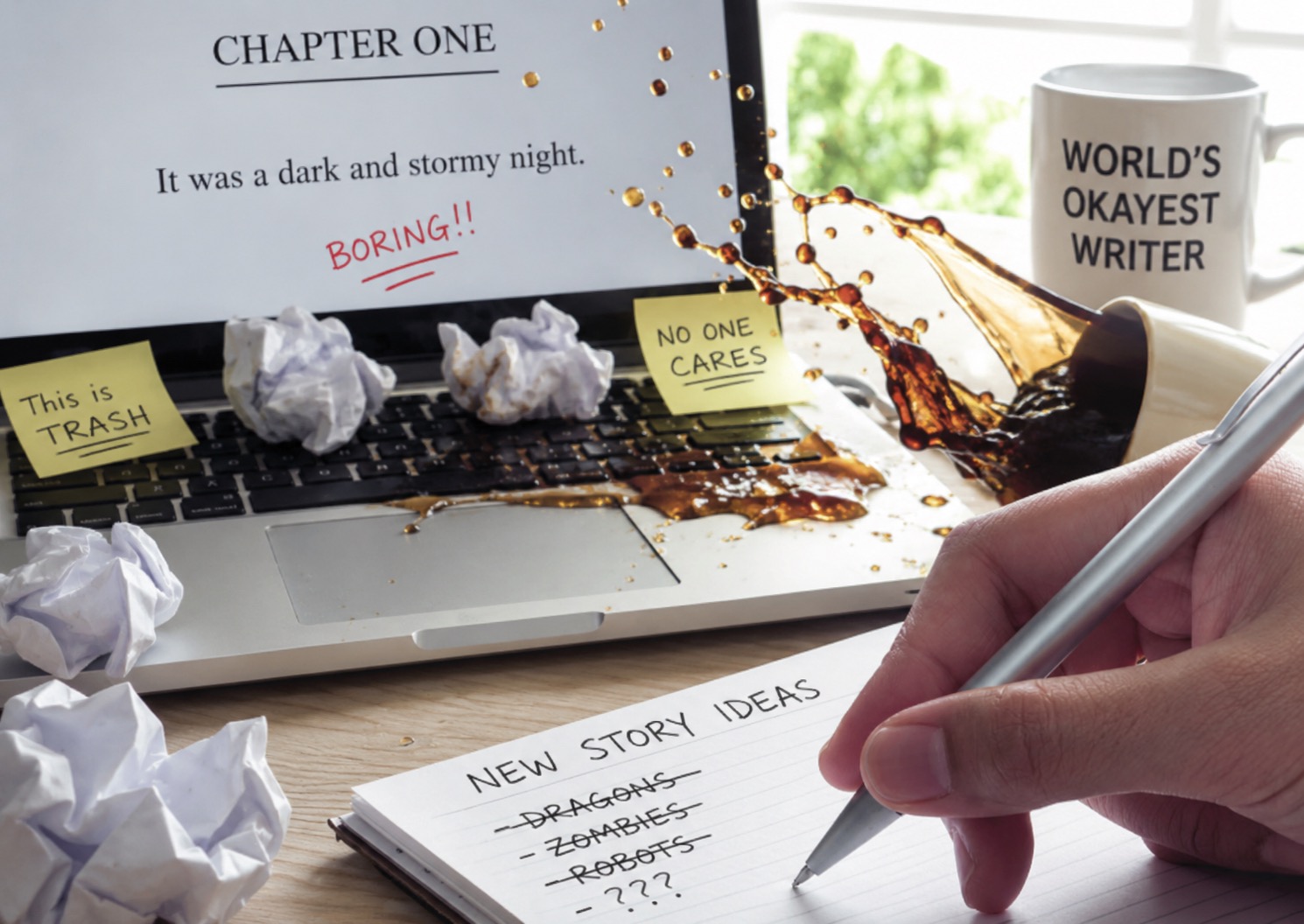 Person writing on notepad; computer in background