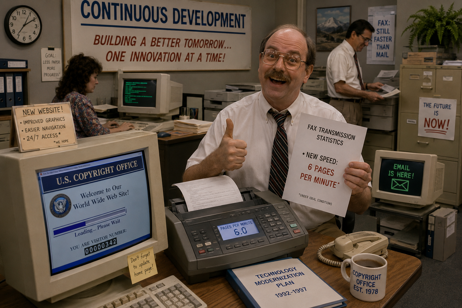 A 1990s Copyright Office technology desk — fax machine, CRT monitors, and a “Welcome to Our World Wide Web Site” screen