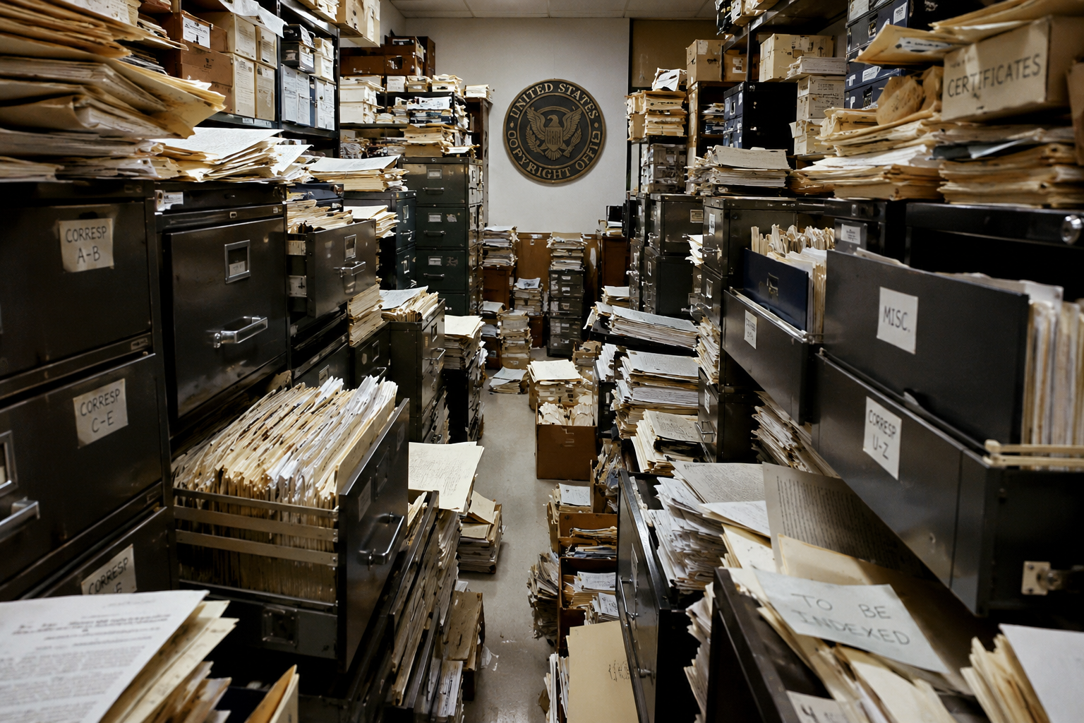 A back room of the Copyright Office overflowing with paper files and stuffed filing cabinets