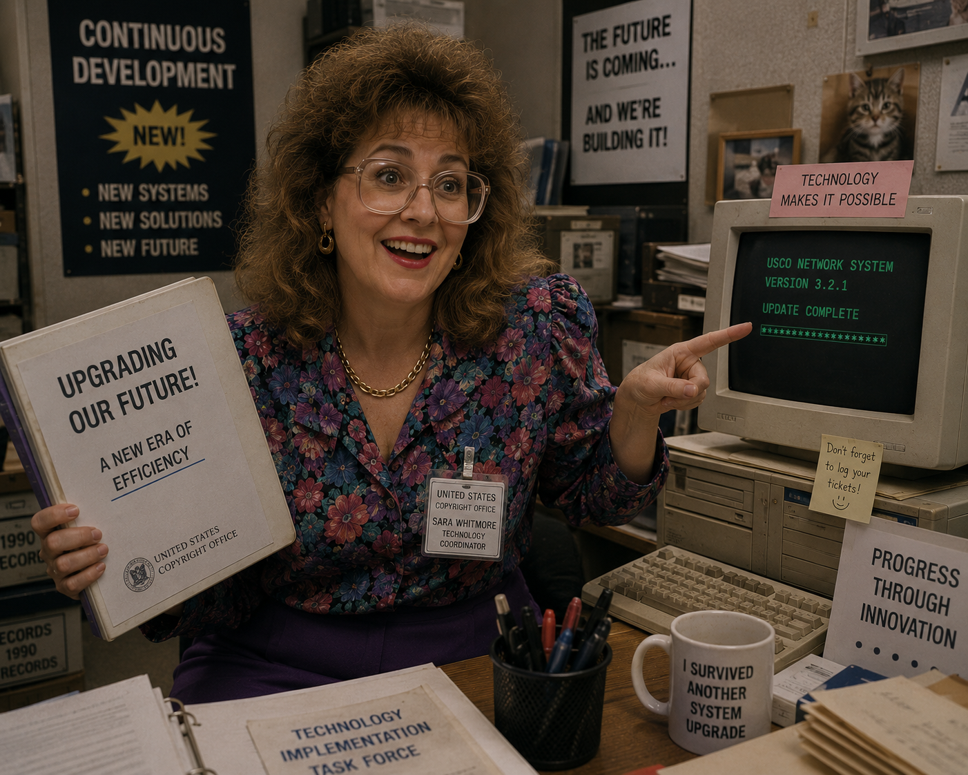 A Copyright Office technology coordinator pointing at a CRT reading “USCO NETWORK SYSTEM VERSION 3.2.1 — UPDATE COMPLETE”