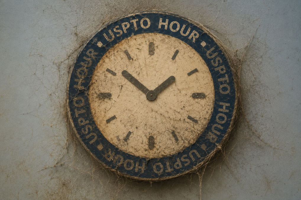 USPTO Hour is an event series that shares agency priorities, information, and new developments. A visual wordmark for the program is presented here. It shows a clock encircled by the words "USPTO Hour." 