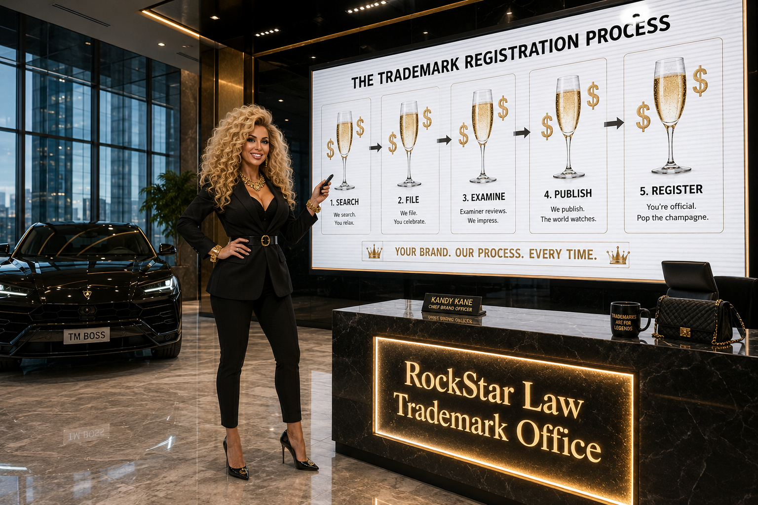 Trademark registration process steps, the application, examination, publication, and registration words in arrow shapes of green, yellow, purple, and blue colors
